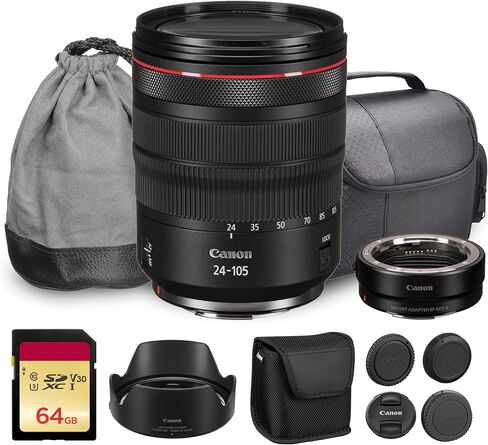 عدسة كانون RF 24-105 ملم f/4L IS USM | تكبير قياسي من السلسلة L مع فتحة f/4 ثابتة وتثبيت الصورة والتركيز البؤري التلقائي USM السريع | مثالية للسفر والتصوير الفوتوغرافي اليومي (2963C002) + محول EF-EOS R + المزيد in Kuwait