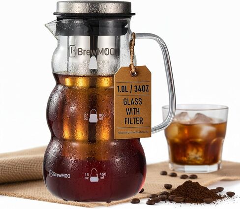 BrewMOO- Cold Brew Coffee Maker (2.0L/68Oz), Sleek Wave Borosilicate Glass Pitcher with Stainless Steel Filter, Airtight Lid + Wide Spout + Comfort Handle, Effortless Manual, Sophisticated Gift in Saudi Arabia