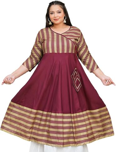 Yash Gallery Women's Plus Size Rayon Stripe Printed Anarkali Kurta For Summer in Saudi Arabia