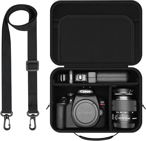 Hard Shell Camera Case Compatible with Canon EOS Rebel T7/R50/R100 and More DSLR & Mirrorless Cameras – Portable Travel Bag with Adjustable Dividers, Mesh Pocket & Shoulder Strap (Black) in Kuwait