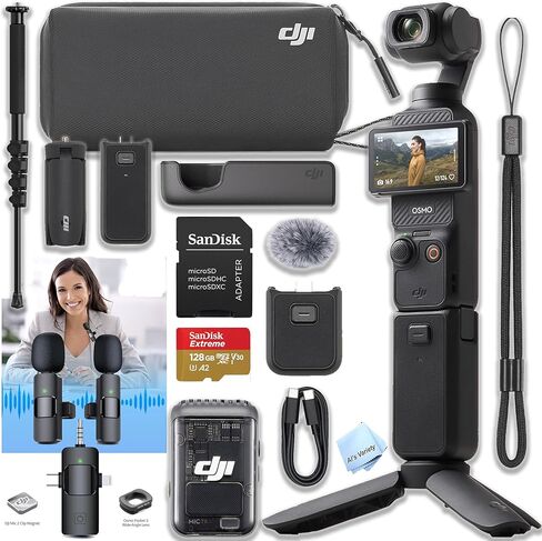 مجموعة DJI Osmo Pocket 3 Creator Combo مع جهاز إرسال/مسجل بمشبك وعدسة واسعة الزاوية ومقبض بطارية وحامل ثلاثي صغير وحقيبة حمل + بطاقة Micro SD سعة 128 جيجابايت وميكروفون 3 في 1 ومونوبود in Kuwait