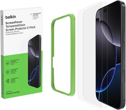 Belkin ScreenForce TemperedGlass Treated Screen Protector for iPhone 16 Pro Max - Slim & Scratch-Resistant - Includes Easy Align Frame for Bubble Free Application - 2-Pack in Saudi Arabia