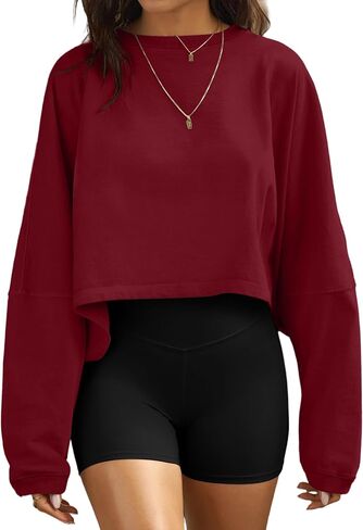 IWD Womens Long Sleeve Cropped Sweatshirts Trendy Oversized Crewneck Crop Tops Casual Fall Pullover Sweaters in Saudi Arabia