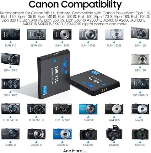 بطارية NB-11L NB-11LH (عبوة من قطعتين) وشاحن USB ثنائي القناة لكاميرات Canon NB-11L، PowerShot Elph 110، Elph 130، Elph 180، Elph 190، Elph 340، Elph 360، SX400 is، SX410 is، A2300 is، A2400 هو، A2500، A3400 هو الكاميرا in Kuwait