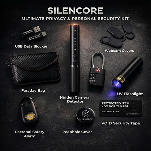 Hidden Camera Detector by Silencore – Travel Privacy Protection Kit for Hotels & Airbnb, Office | Spy Camera Detection, GPS Tracker Detector, USB Data Blocker, Faraday Bag, TSA Lock & Safety Alarm in Saudi Arabia