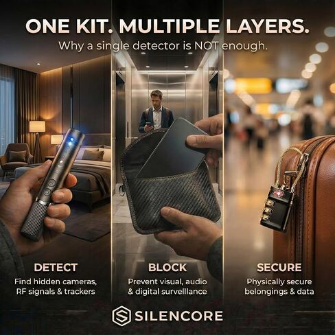 Hidden Camera Detector by Silencore – Travel Privacy Protection Kit for Hotels & Airbnb, Office | Spy Camera Detection, GPS Tracker Detector, USB Data Blocker, Faraday Bag, TSA Lock & Safety Alarm in Saudi Arabia