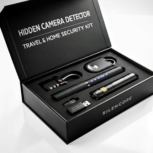 Hidden Camera Detector by Silencore – Travel Privacy Protection Kit for Hotels & Airbnb, Office | Spy Camera Detection, GPS Tracker Detector, USB Data Blocker, Faraday Bag, TSA Lock & Safety Alarm in Saudi Arabia