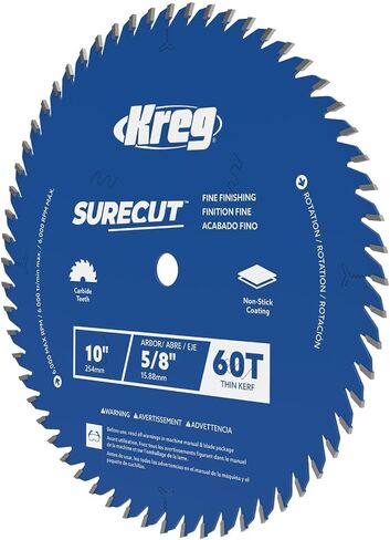 شفرة المنشار Kreg SureCut - شفرة نهائية ذات 60 سنًا من الكربيد Surecut للقطع السلس - طلاء مضاد للاهتزاز ومضاد للالتصاق - قطع دقيقة وتشغيل هادئ لمناشير الطاولة/المتري - KSB10FF60 in Saudi Arabia