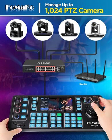 FoMaKo NDI PTZ Camera Controller KC608N – 5.5" Capacitive Touchscreen, 4K Preview, 4D Hall Joystick, PoE, VISCA/Pelco/NDI HX Support – for Church, Worship, Education, Conference & Live Events in Saudi Arabia