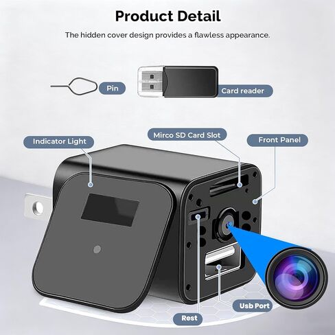 شاحن USB لكاميرا تجسس مخفية بدقة 1080 بكسل - كاميرا مراقبة WiFi سرية مع مستشعرات للحركة ورؤية ليلية واتصال بالتطبيقات لمراقبة المنزل in Kuwait