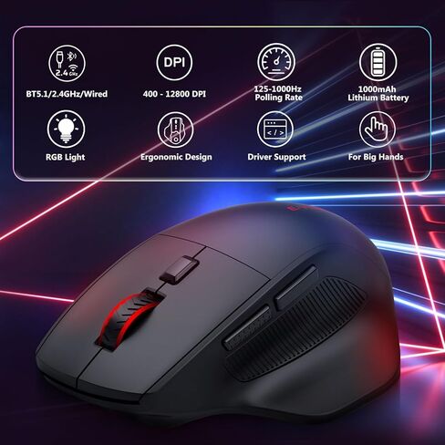 فأر ألعاب لاسلكية مريحة للأيدي الكبيرة ، و modes ثلاثية الجيجاهرتز/Bluetooth/سلكية RGB القابلة لإعادة الشحن مع الأزرار الجانبية ، 12800 نقطة في البال in Saudi Arabia
