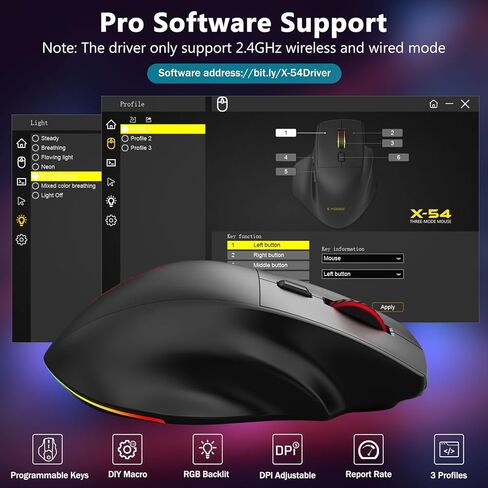 فأر ألعاب لاسلكية مريحة للأيدي الكبيرة ، و modes ثلاثية الجيجاهرتز/Bluetooth/سلكية RGB القابلة لإعادة الشحن مع الأزرار الجانبية ، 12800 نقطة في البال in Saudi Arabia