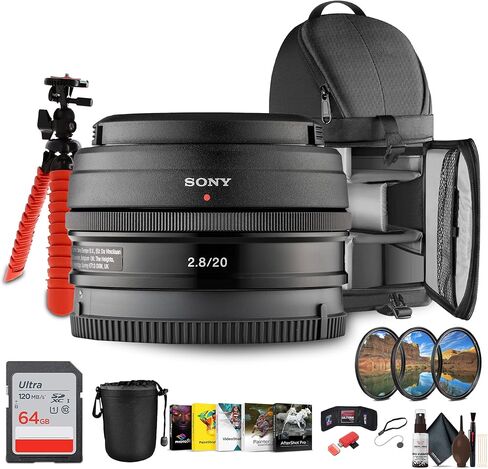 Sony E 20mm f/2.8 Pancake Prime Lens | Ultra-Slim Wide-Angle Lens E-Mount APS-C Cameras (SEL20F28B) + Sling Backpack + Photo Software + 64GB Memory Card + Lens Filter Kit + Tripod + More in Saudi Arabia