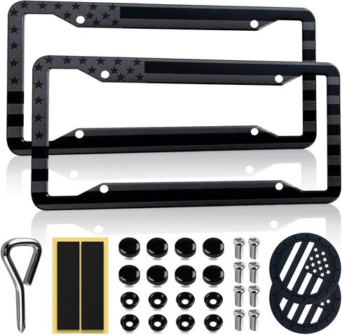 2 Pack OLLEN American Flag License Plate Frames, Aluminum Alloy US Patriotic Car Tag Holder Protector, with Mount Hardware, Anti-Theft Caps, 8 Rattle Proof Pads, Screwdriver, Black in Kuwait