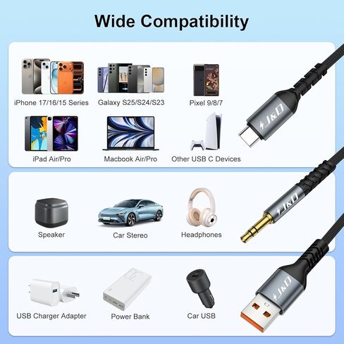 J&D USB C إلى 3.5 مم كابل AUX CAR ، 2 في 1 3.5 مم كابل سماعة سماعات رأس AUX للسيارة مع سلك الشاحن ، متوافق مع مجموعة واسعة من الهواتف المحمولة ، الرمادي ، 4 أقدام in Saudi Arabia