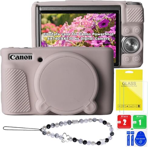 حافظة لكاميرا Canon PowerShot SX740/SX730 hs، واقي من السيليكون الناعم مع غطاء عدسة قابل للإزالة، ملحقات كاميرا Canon SX740 hs (غطاءان من الزجاج المقسى، 1 حزام معصم ساحر) in Saudi Arabia