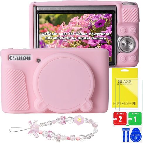 حافظة لكاميرا Canon PowerShot SX740/SX730 hs، واقي من السيليكون الناعم مع غطاء عدسة قابل للإزالة، ملحقات كاميرا Canon SX740 hs (غطاءان من الزجاج المقسى، 1 حزام معصم ساحر) in Saudi Arabia