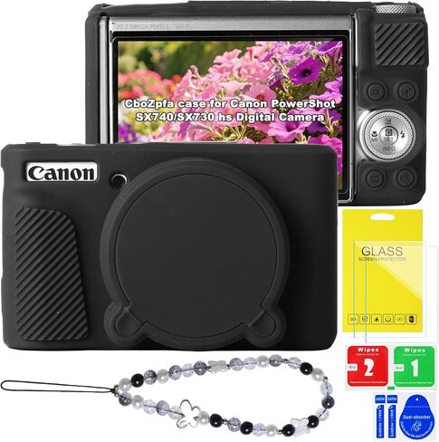 حافظة لكاميرا Canon PowerShot SX740/SX730 hs، واقي من السيليكون الناعم مع غطاء عدسة قابل للإزالة، ملحقات كاميرا Canon SX740 hs (غطاءان من الزجاج المقسى، 1 حزام معصم ساحر) in Saudi Arabia