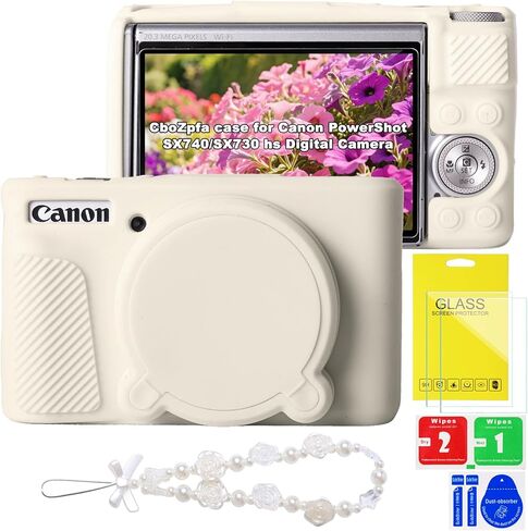 حافظة لكاميرا Canon PowerShot SX740/SX730 hs، واقي من السيليكون الناعم مع غطاء عدسة قابل للإزالة، ملحقات كاميرا Canon SX740 hs (غطاءان من الزجاج المقسى، 1 حزام معصم ساحر) in Kuwait