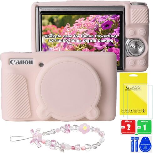 حافظة لكاميرا Canon PowerShot SX740/SX730 hs، واقي من السيليكون الناعم مع غطاء عدسة قابل للإزالة، ملحقات كاميرا Canon SX740 hs (غطاءان من الزجاج المقسى، 1 حزام معصم ساحر) in Saudi Arabia