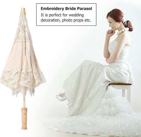 Wedding Bride Photography Umbrella, Lace Flower Embroidery Parasol, Silk Cloth White Beige Large Small in Kuwait