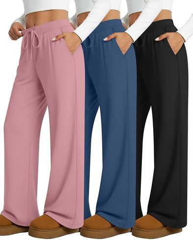 3 Pack Women's Wide Leg Lounge Pants, Loose Drawstring Yoga Sweatpants with Pockets Casual Cozy Pajama Jogger Pants in Saudi Arabia