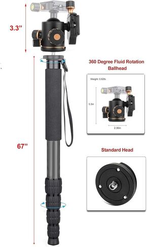 Monopod/Unipod من ألياف الكربون شديدة التحمل مقاس 70 بوصة (رأس اختياري مزدوج) لـ Tamron SP 150-600 مم f/5-6.3 Di VC USD in Saudi Arabia