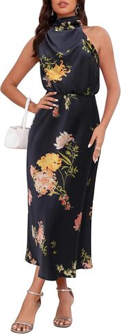 Women's 2025 Summer Satin Dress Elegant Formal Sleeveless Mock Neck Wedding Guest Cocktail Party Maxi Dresses in Kuwait