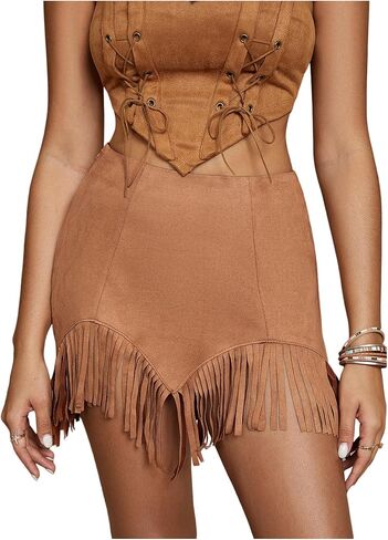 تنورة قصيرة للسيدات من MakeMeChic بحاشية مهدبة وخصر عالٍ لراعية البقر الصيفية بوهو in Kuwait