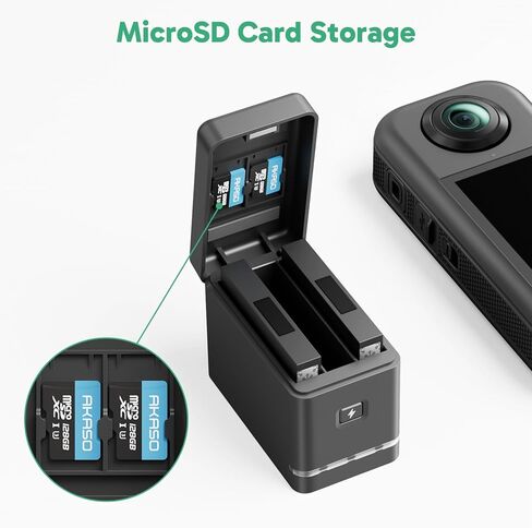 2 x 1350mAh Rechargeable Cold-Resistant Battery with 3-Channel Charger Case for AKASO 360 Camera, MicroSD Card Storage Slots in Saudi Arabia