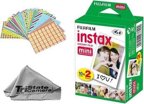 فيلم Fujifilm Instax Mini الفوري (20 ورقة) + 20 إطار ملصق + قطعة قماش تنظيف من الألياف الدقيقة TSC - لكاميرات Mini 8، 9، 11، 12، 50s، 25، 7s، 90 كاميرا وMini Link in Kuwait