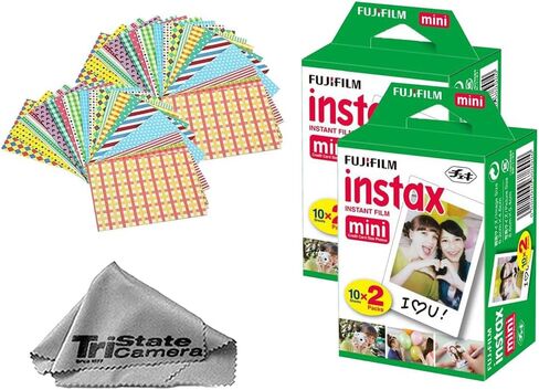 فيلم Fujifilm Instax Mini الفوري (20 ورقة) + 20 إطار ملصق + قطعة قماش تنظيف من الألياف الدقيقة TSC - لكاميرات Mini 8، 9، 11، 12، 50s، 25، 7s، 90 كاميرا وMini Link in Kuwait