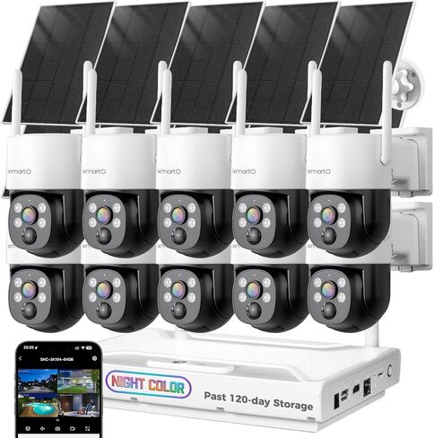 [Night Color] XMARTO 10CH 10Pcs 2K HD Wireless Solar Security Camera System with Starlight Color Night Vision, PTZ Control, Long Range WiFi6, HDMI View on Monitor, 0 Monthly Fee, 64GB Micro SD in Saudi Arabia
