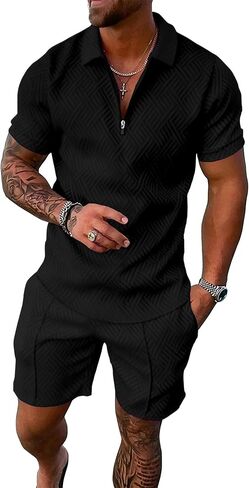 Men's Short Sets Outfits 2 Piece Fashion Summer Clothing Men 1/4 Zip Golf Polo Shirt Men's Casual Sportswear in Saudi Arabia