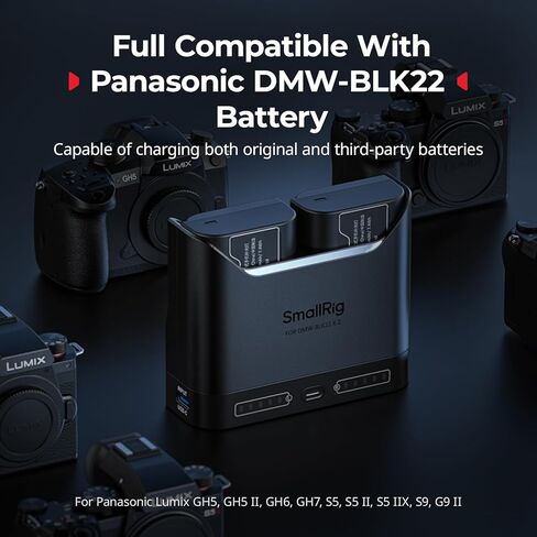 مجموعة بطارية كاميرا SMALLRIG DMW-BLK22 لباناسونيك، شاحن مزدوج الفتحة 22.5 وات مع بطاريات 1940 مللي أمبير في الساعة، متوافق تمامًا مع باناسونيك لوميكس GH5، GH5 II، GH6، GH7، S5، S5 II/IIIX، S9، G9 II in Kuwait