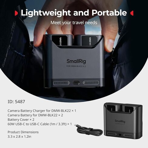 مجموعة بطارية كاميرا SMALLRIG DMW-BLK22 لباناسونيك، شاحن مزدوج الفتحة 22.5 وات مع بطاريات 1940 مللي أمبير في الساعة، متوافق تمامًا مع باناسونيك لوميكس GH5، GH5 II، GH6، GH7، S5، S5 II/IIIX، S9، G9 II in Kuwait