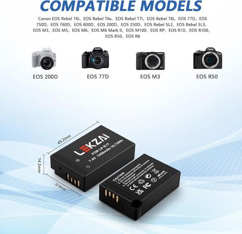 بطارية Lekzai LP-E17 وشاحن USB مزدوج سريع لكاميرا Canon EOS R100 R50 RP R10 R8، Rebel T6i، T7i، T8i، T6s، SL2 SL3، M3، M5، M6، EOS M6 Mark II، 77D 200D 250D 750D 760D 800D كاميرا SLR رقمية in Kuwait