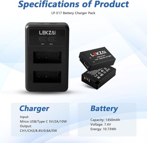 بطارية Lekzai LP-E17 وشاحن USB مزدوج سريع لكاميرا Canon EOS R100 R50 RP R10 R8، Rebel T6i، T7i، T8i، T6s، SL2 SL3، M3، M5، M6، EOS M6 Mark II، 77D 200D 250D 750D 760D 800D كاميرا SLR رقمية in Kuwait