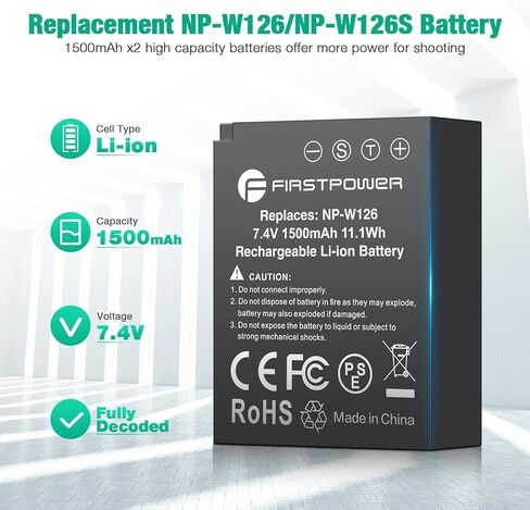 بطارية FirstPower NP-W126 NP-W126S وشاحن USB مزدوج لـ X100V، X100VI، X100F، X-A5، X-A10، X-E4، X-Pro2، X-Pro3، X-T1، X-T2، X-T3، X-T10، X-T20، X-T30، X-T30 II، X-T100، اكس-T200 فاين بيكس in Kuwait