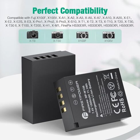 بطارية FirstPower NP-W126 NP-W126S وشاحن USB مزدوج لـ X100V، X100VI، X100F، X-A5، X-A10، X-E4، X-Pro2، X-Pro3، X-T1، X-T2، X-T3، X-T10، X-T20، X-T30، X-T30 II، X-T100، اكس-T200 فاين بيكس in Kuwait