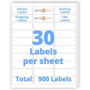 HTVRONT Address Labels, 1" x 2-5/8" 900 Printable Labels Sticker for Inkjet or Laser Printer, White Blank Mailing Labels Permanent Adhesive FBA Labels 30 Sheets, 900 Labels