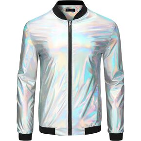 سترة Lars Amadeus Holographic Metallic Varsity للرجال بسحاب وأكمام طويلة لامعة