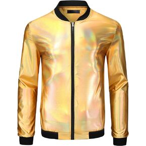Lars Amadeus Holographic Metallic Varsity Jacket for Men's Zip Up Long Sleeves Shiny Bomber Jacket