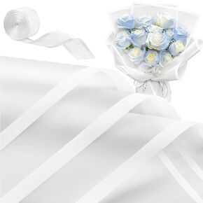 CLUEWR 20 Sheets Flower Bouquet Wrapping Paper, Waterproof Floral Packaging Paper with Ribbon Florist Supplies, 22.8 x 22.8 Inches (Gold)