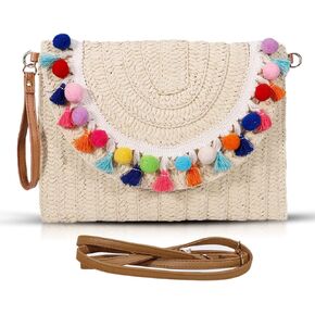 Clutch Purses for Women, Straw Beach Bag, Colorful fur balls and tassels Envelope Package, Bohemian Summer Handbags for Vacation, Travel