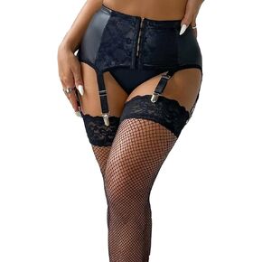 ohyeah Plus Size Garter Belts and Stocking Set Lace Mesh Suspenders Belt with 6 Straps Faux Leather Garter (with Stocking)