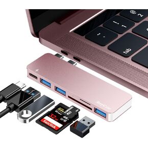 RayCue USB C Hub Adapter for MacBook Pro/Air M1 M2 M3 2023-2016, 6 in-1 USB-C Accessories Compatible with MacBook Pro 13″ and 15″ with 3 USB 3.0 Ports, TF/SD Card Reader, USB-C Power Delivery (Pink)
