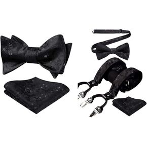 HISDERN Bow Ties for Men Black Floral Bowtie Self Tie & Suspenders and Bow Tie Pocket Square Set Classic Formal Tuxedo Wedding Bowties