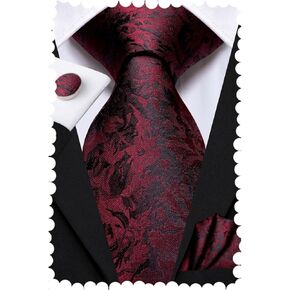 Hi-Tie Mens Red Black Ties Silk Floral Ties for Men Jacquard Woven Necktie with Pocket Square Set for Wedding or Daily Dress