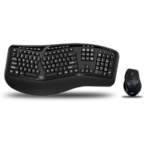 Adesso WKB-1500GB - Wireless Ergonomic Desktop Keyboard and Laser Mouse with Split Keys Design and Palm Rest for Comfort, Long Battery Life, Nano Receiver - Compatible for PC & Windows XP/7/8/10,Black
